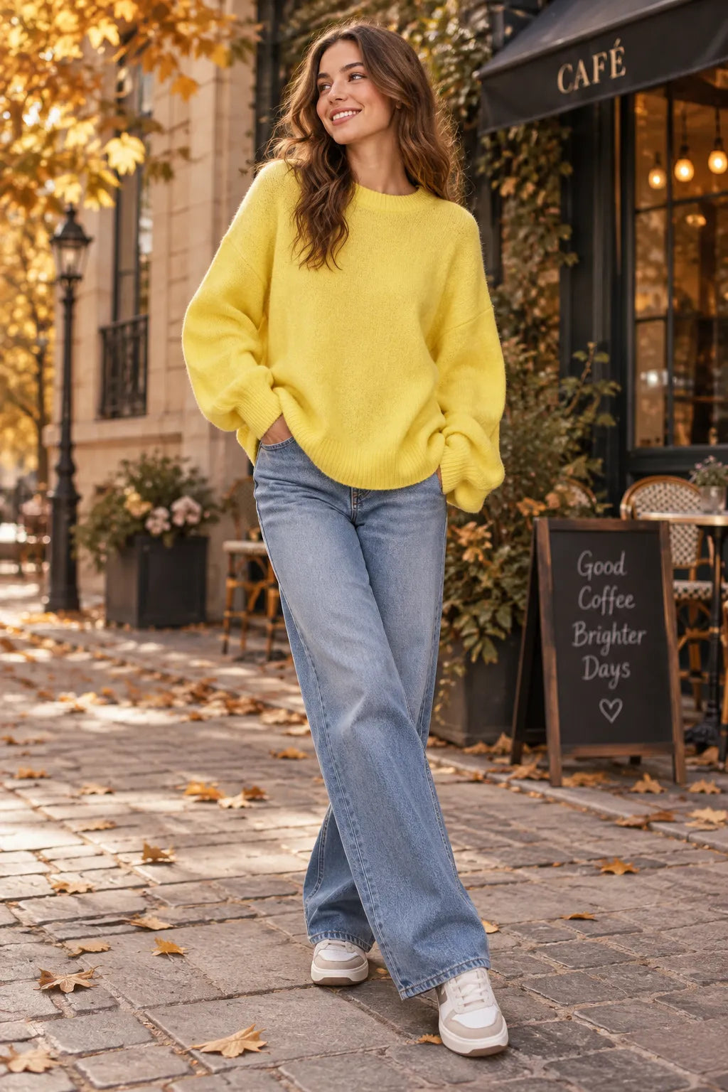 A woman stands on a cobblestone street in front of a cafe, wearing a bright yellow knit sweater, light blue wide-leg jeans, and white sneakers.