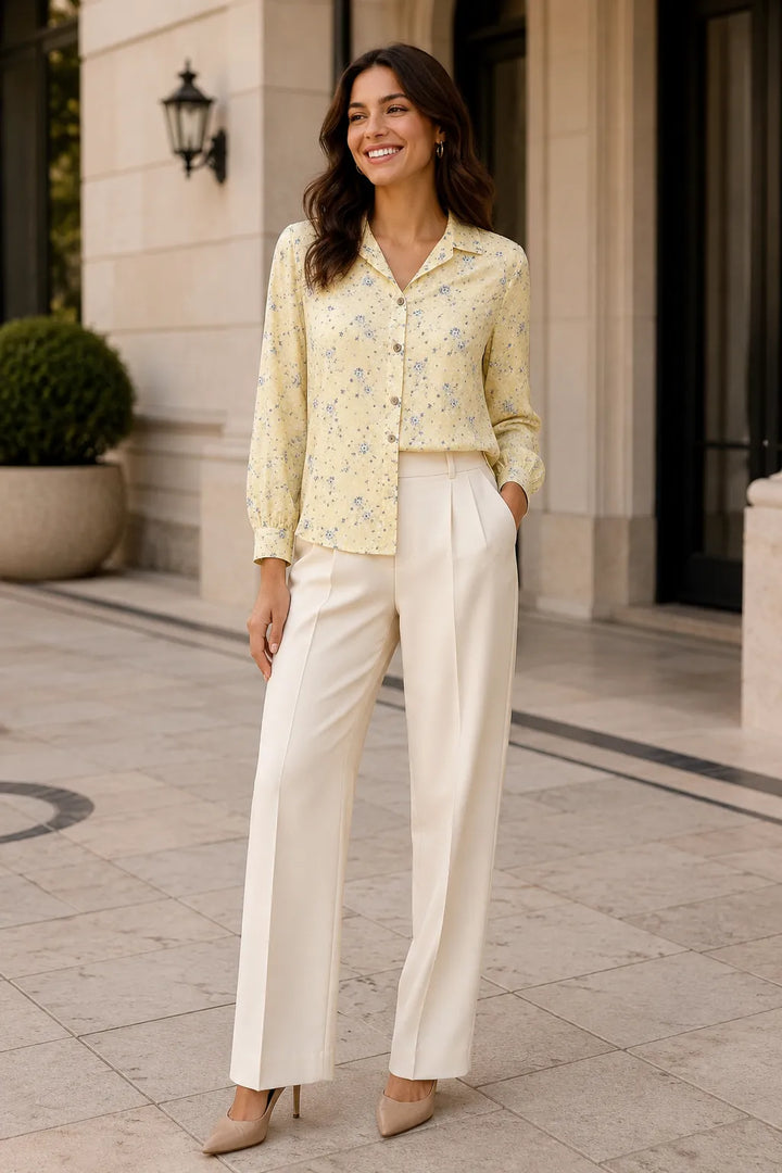 Woman wearing a yellow floral blouse and white pants standing in front of a building.