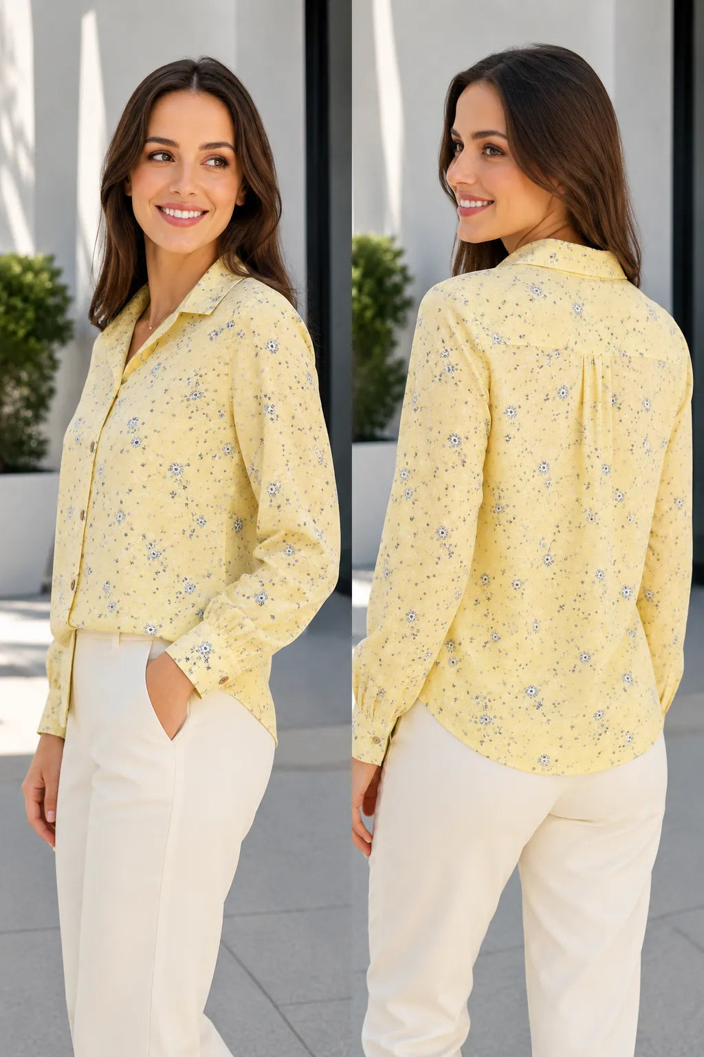 Woman wearing a yellow floral blouse and white pants, standing outdoors.