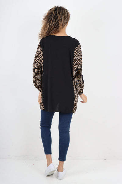 Printed Sleeve Front Slit Tunic Top