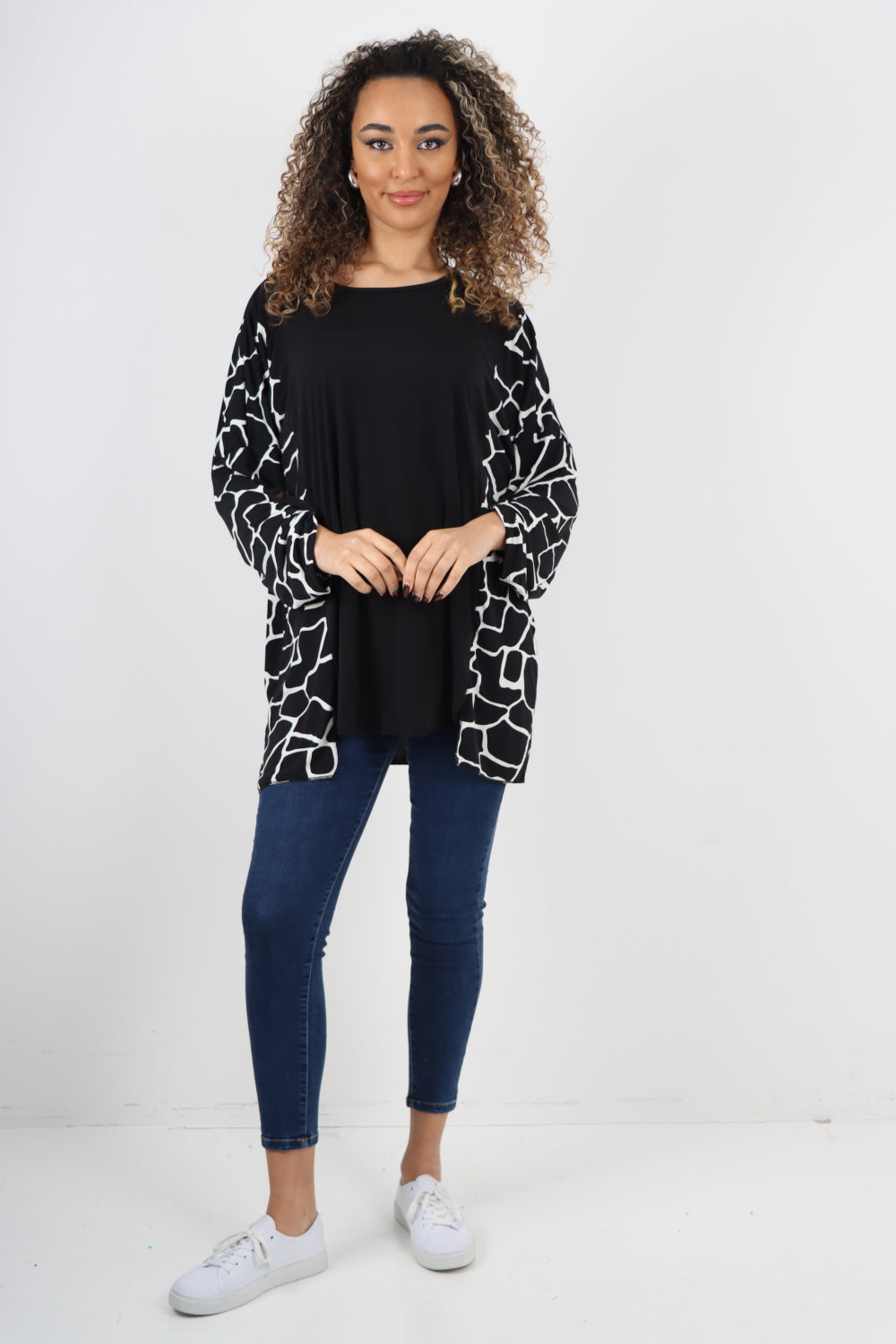 Printed Sleeve Front Slit Tunic Top