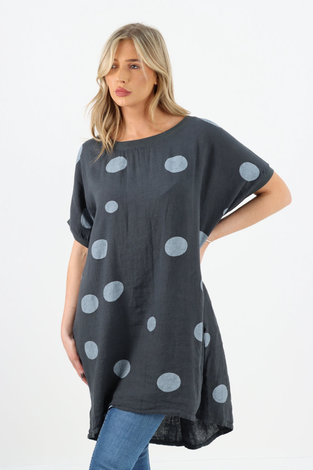 Made In Italy Linen Polka Dot Tunic Top
