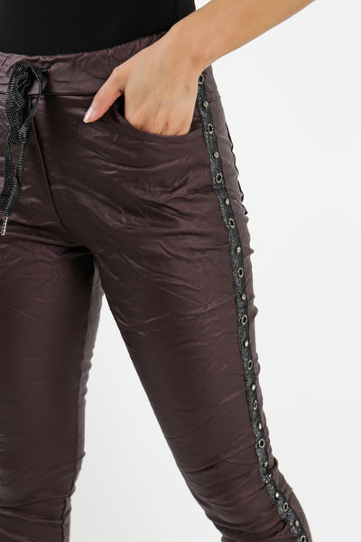 Italian Wet Look Side Stud Detail Pants Trousers