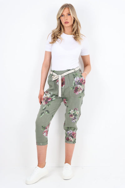 Floral Print Belted Linen Trousers
