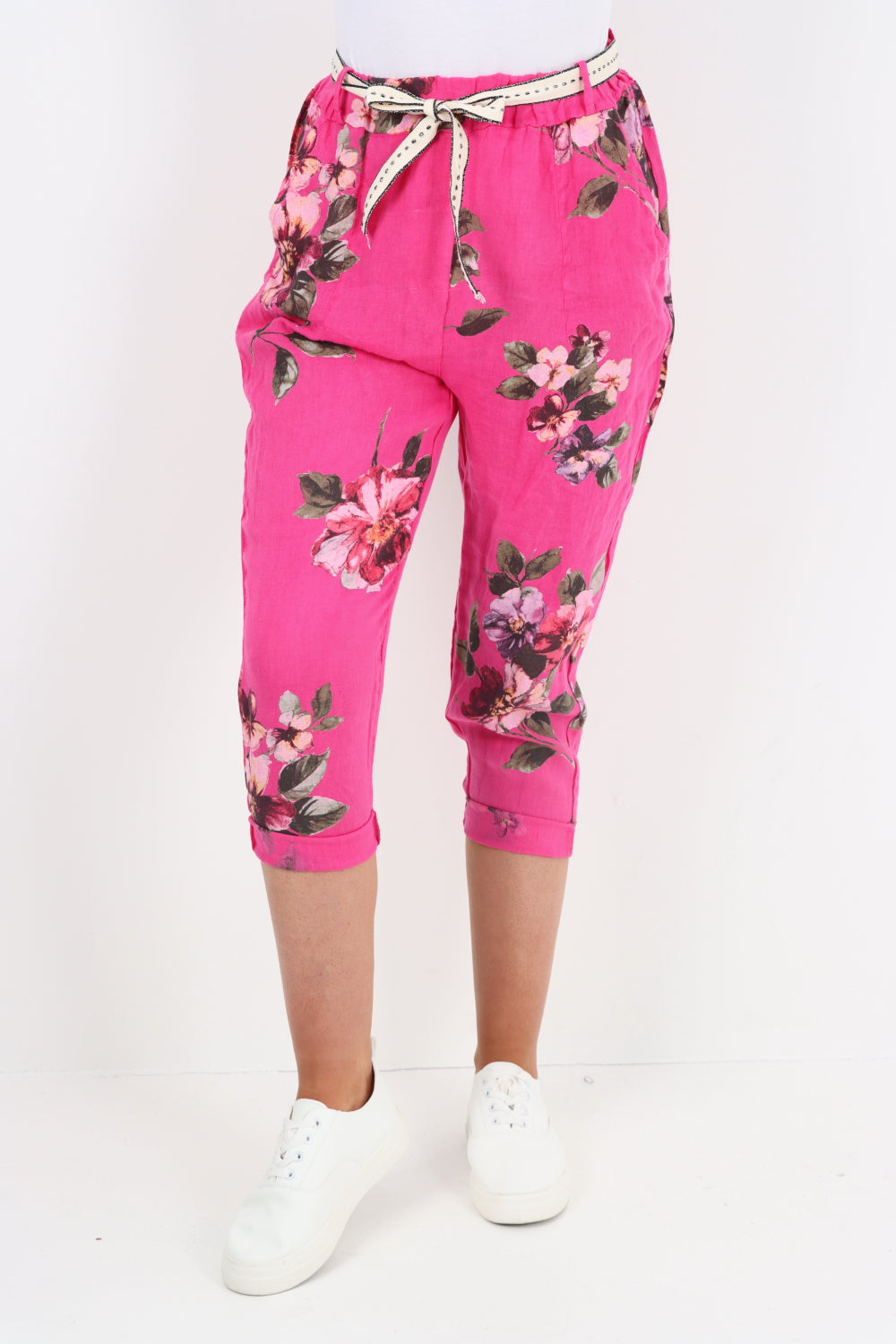 Floral Print Belted Linen Trousers