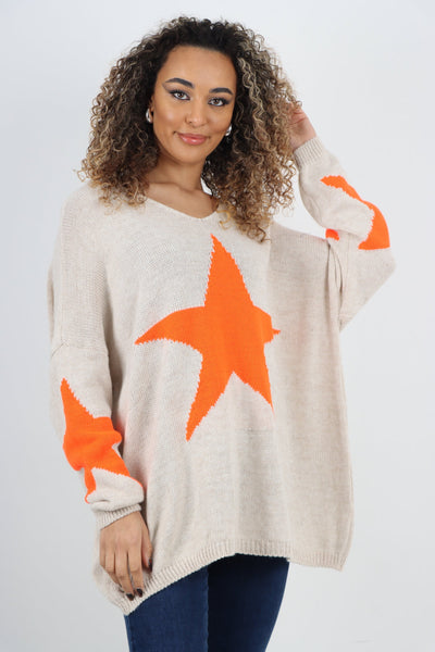 Star Print Sleeve Knitted Oversized Jumper Top