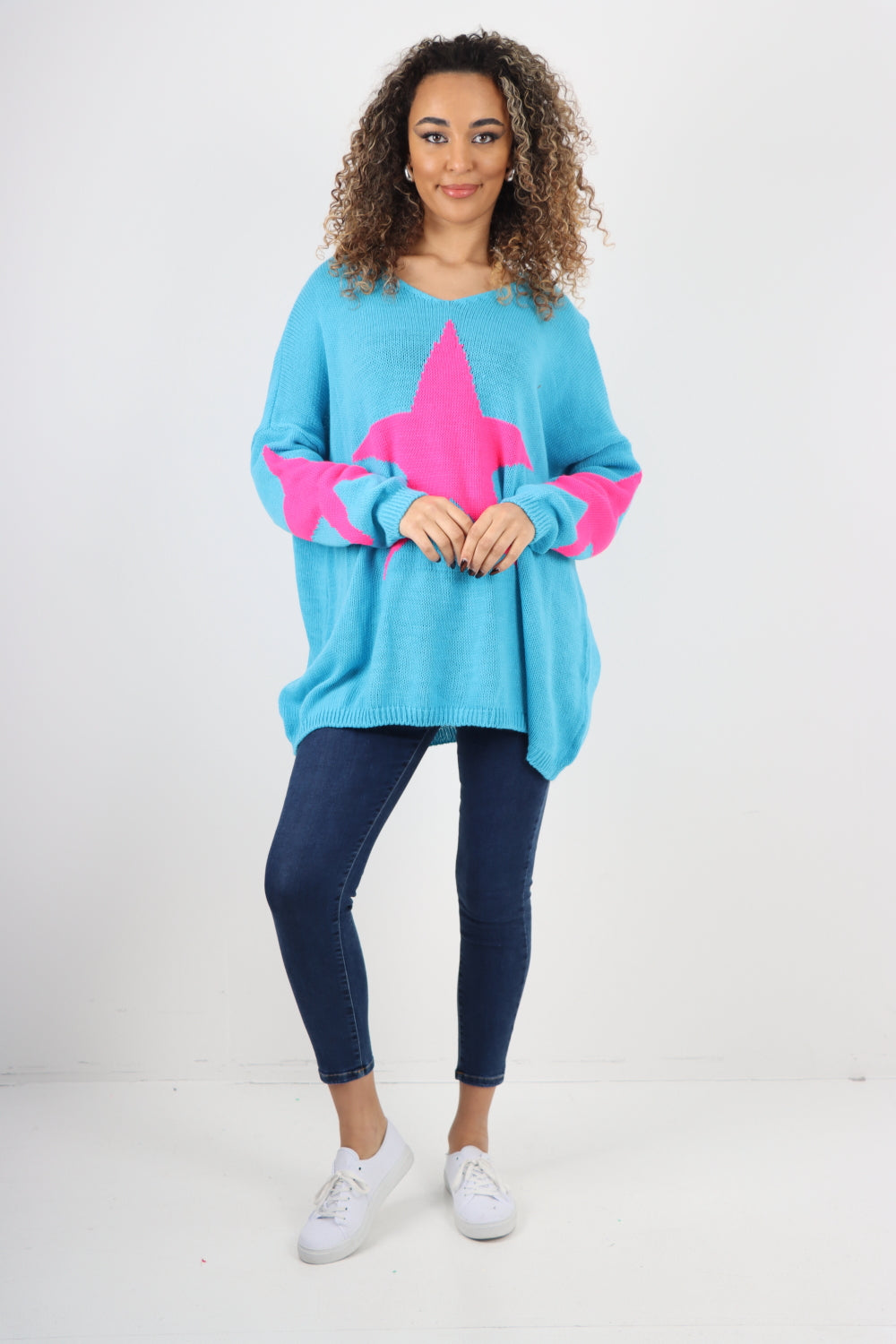 Star Print Sleeve Knitted Oversized Jumper Top