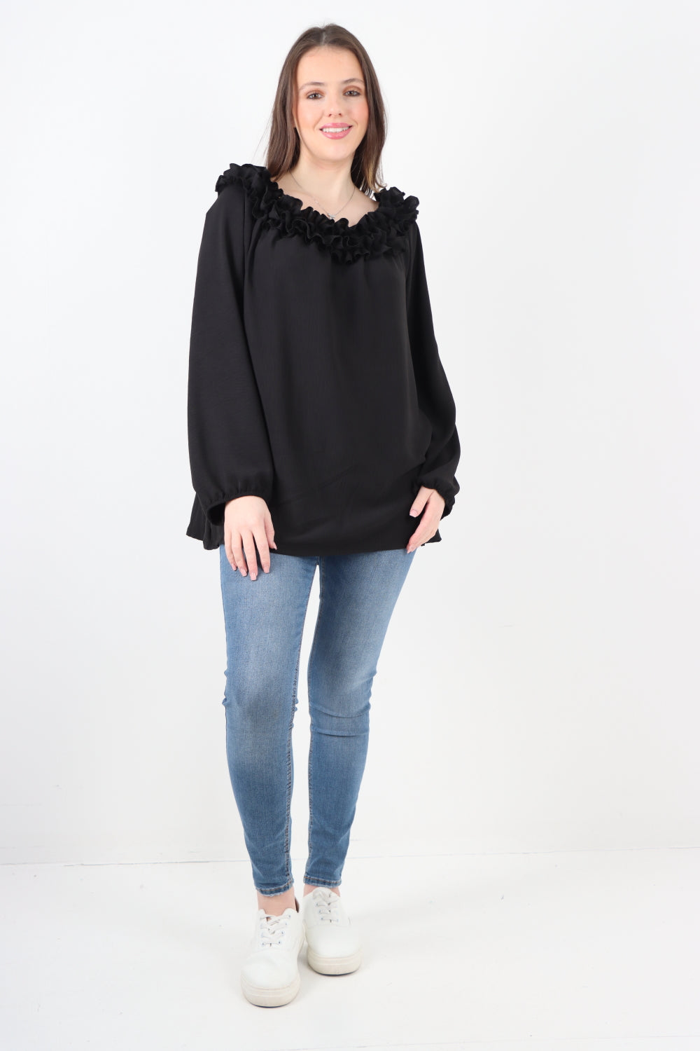 Ruffled Neck Off The Shoulder Long Sleeve Top