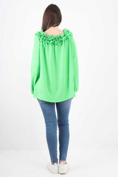 Ruffled Neck Off The Shoulder Long Sleeve Top