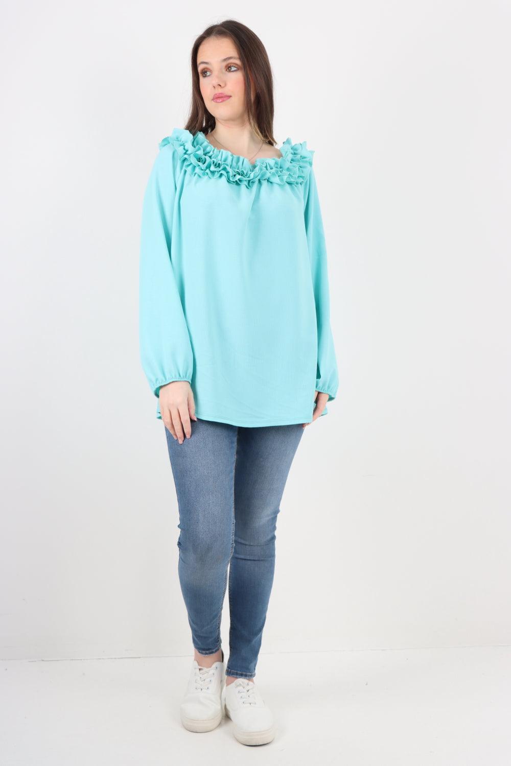 Ruffled Neck Off The Shoulder Long Sleeve Top - Lashra Fashion