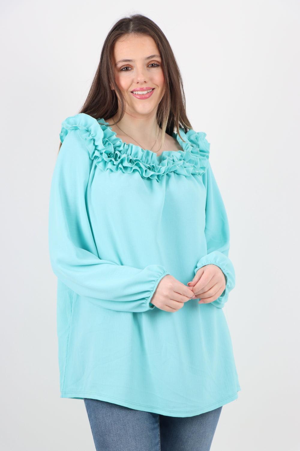 Ruffled Neck Off The Shoulder Long Sleeve Top - Lashra Fashion