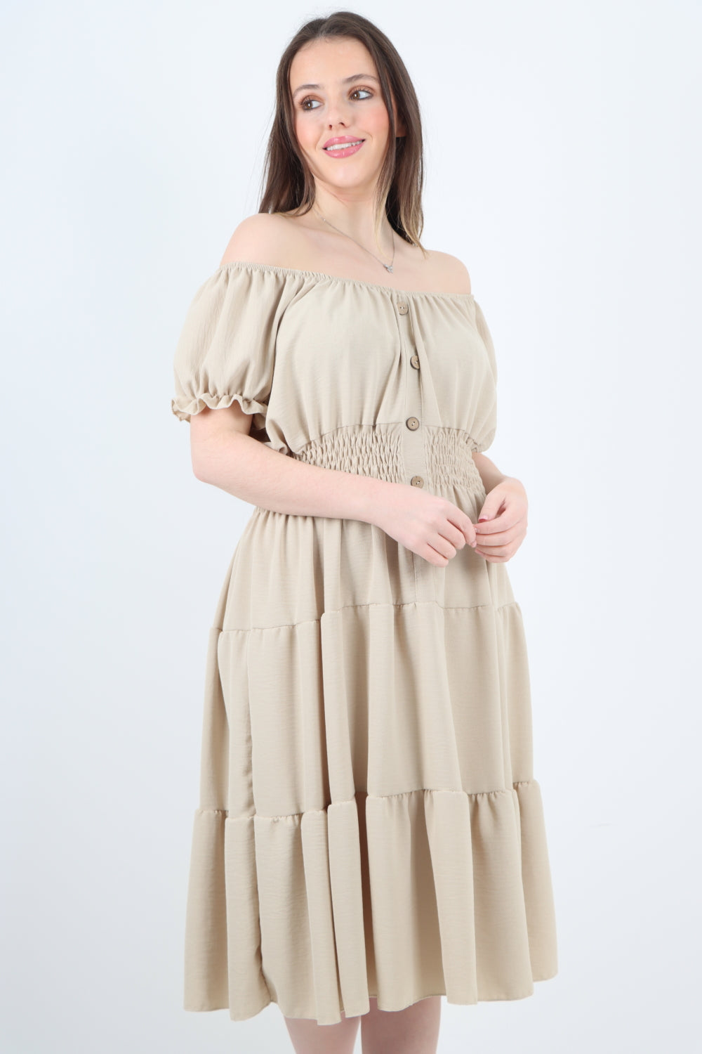 Bardot Elasticated Waist Tiered Midi Dress