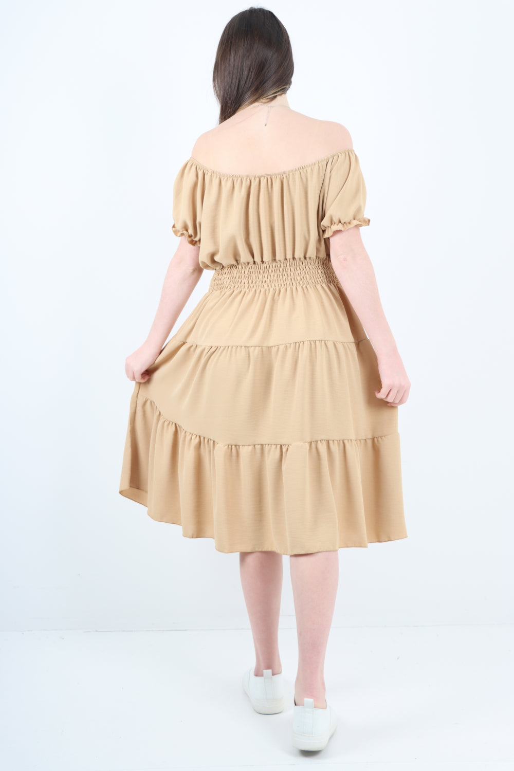 Bardot Elasticated Waist Tiered Midi Dress