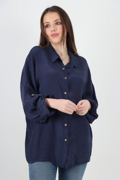 Plain Button Up Silk Shirt Top