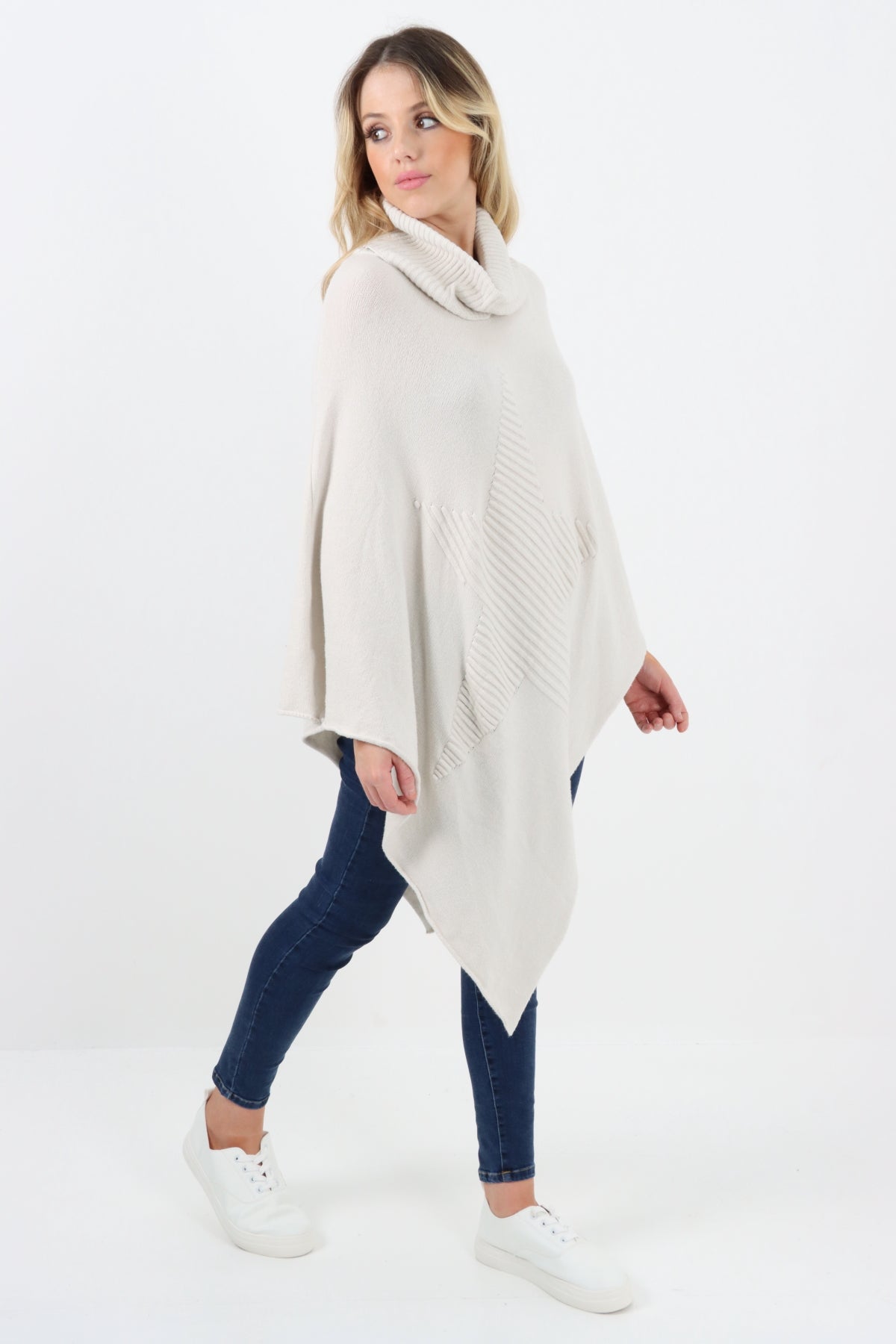 Made In Italy Star Ribbed Cowl Neck Poncho Top