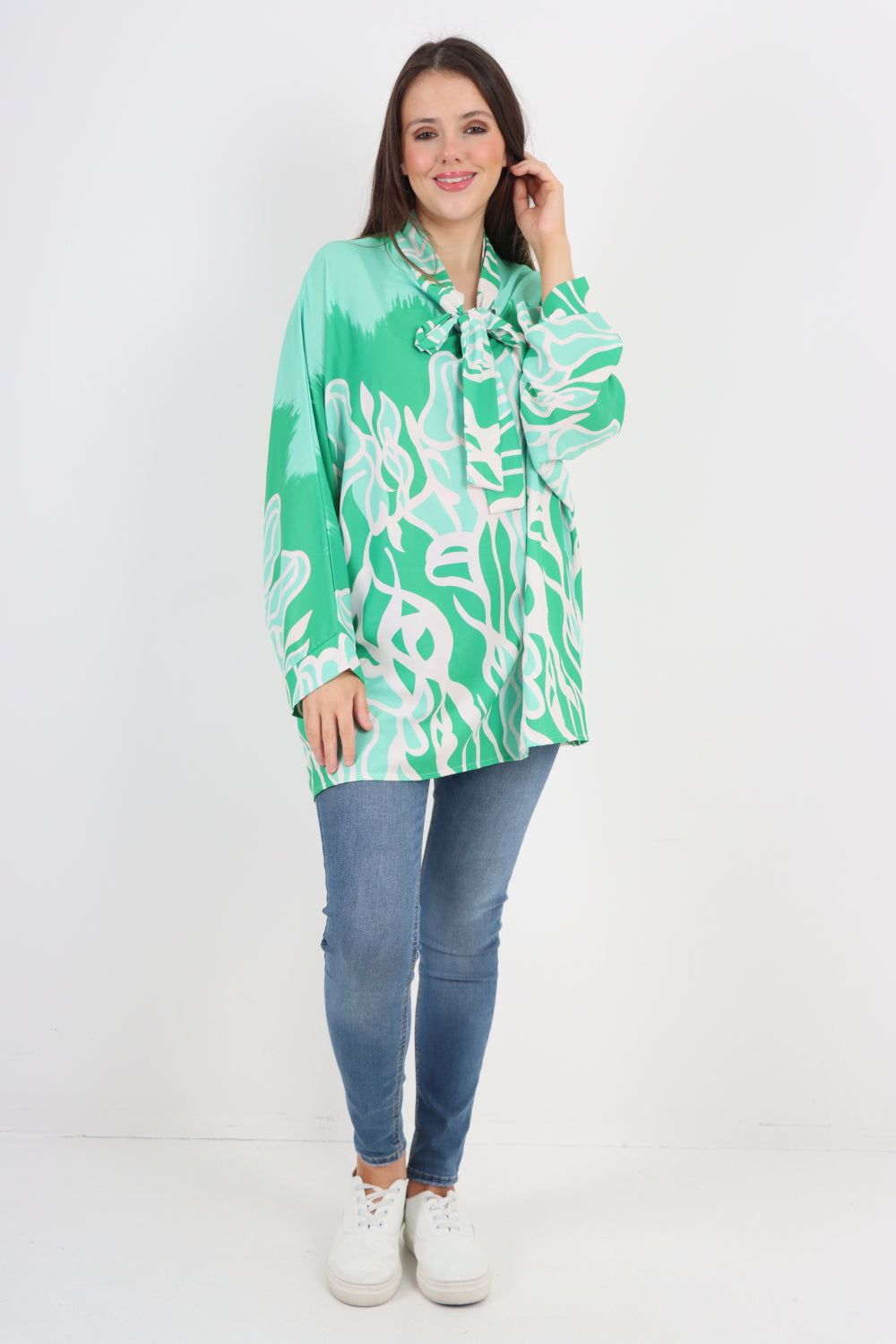 Long Sleeve Printed Tie Neck Tunic Top