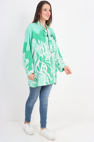 Long Sleeve Printed Tie Neck Tunic Top