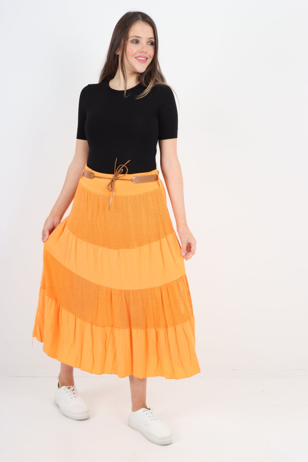 Midi Length Waist Belted Tiered Skirt