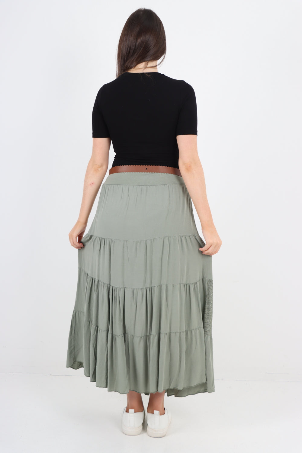 Midi Length Waist Belted Tiered Skirt