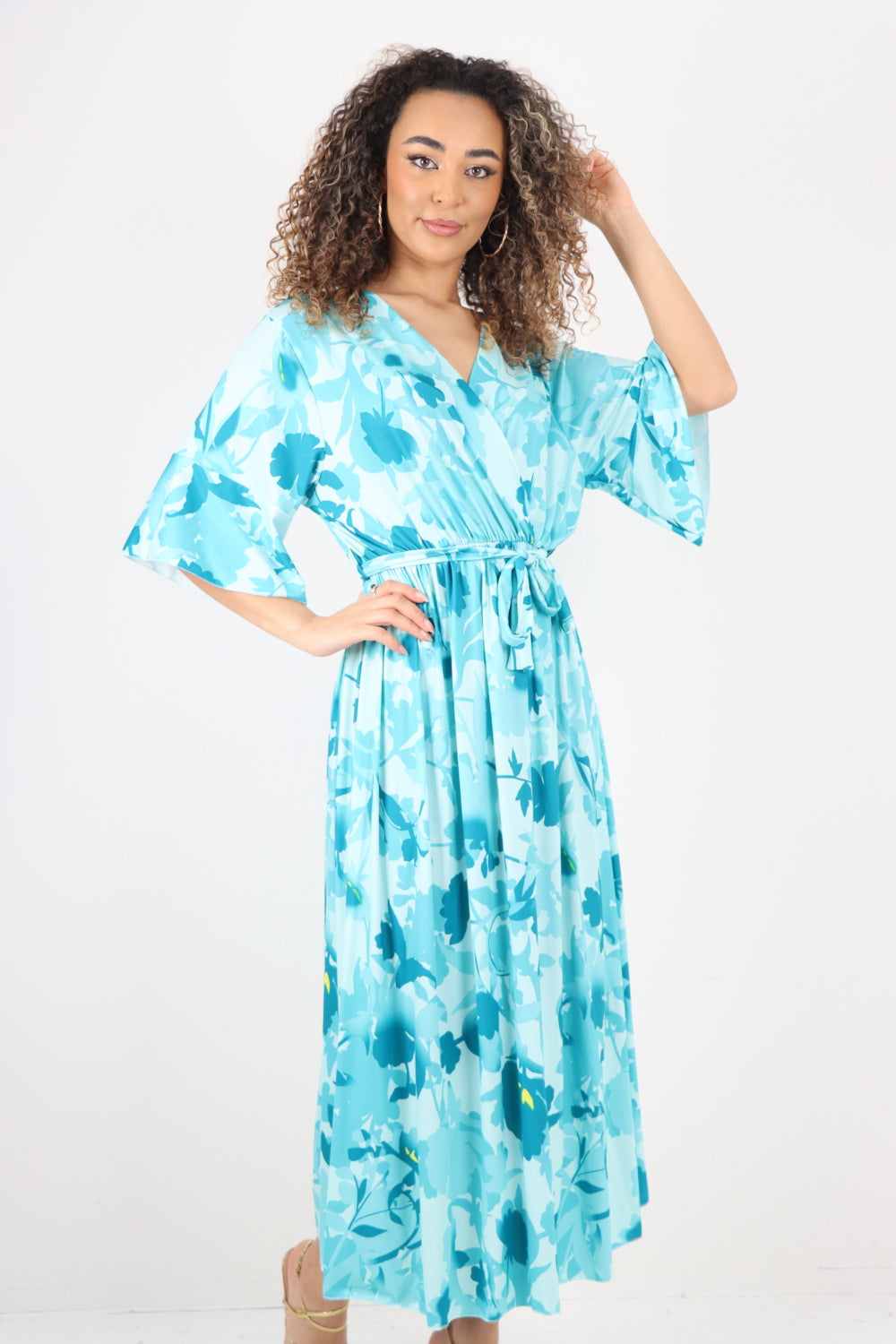 Elasticated Waist Tie Leaf Floral Printed Wrap Over Maxi Dress