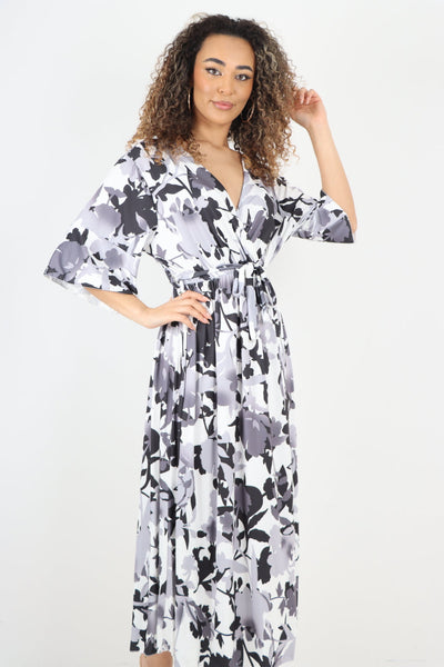 Elasticated Waist Tie Leaf Floral Printed Wrap Over Maxi Dress