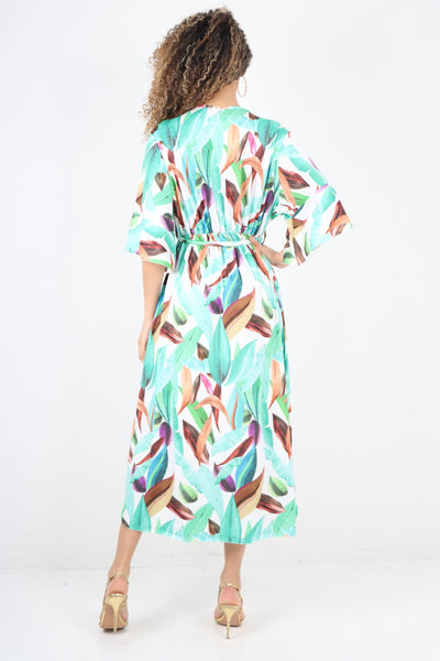 Printed Elasticated Waist Tie Multi Leaf Wrap Over Maxi Dress