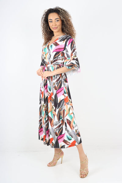 Printed Elasticated Waist Tie Multi Leaf Wrap Over Maxi Dress