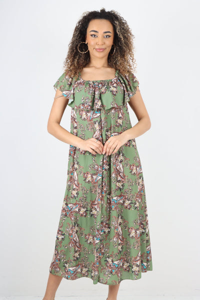 Paisley Printed  Bardot Maxi Dress