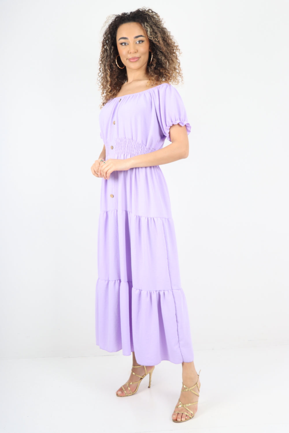 Shirred Elasticated Puffed Sleeve Maxi dress