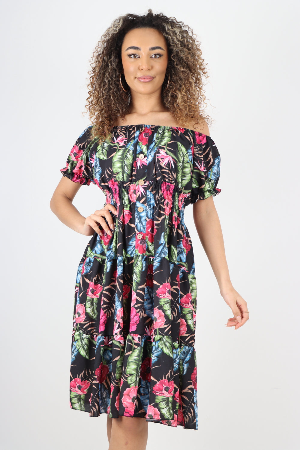 Button Detailed Floral Printed Midi Dress