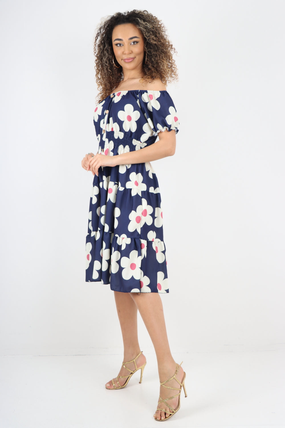 Button Detailed  Ditsy Floral Printed  Midi Dress