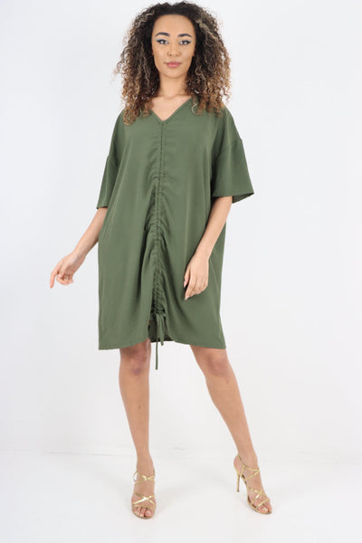 Ruched String V Neck Tunic Top