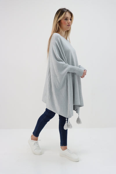 Womens Tassel Poncho Round Neck Knitted Jumper Top