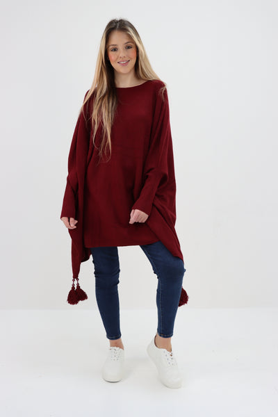 Womens Tassel Poncho Round Neck Knitted Jumper Top