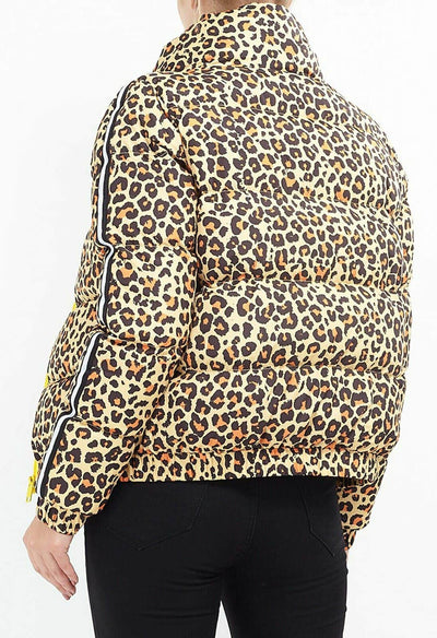 LASHRA - Plain Check Leopard Neon Funnel Neck Padded Puffer Jacket