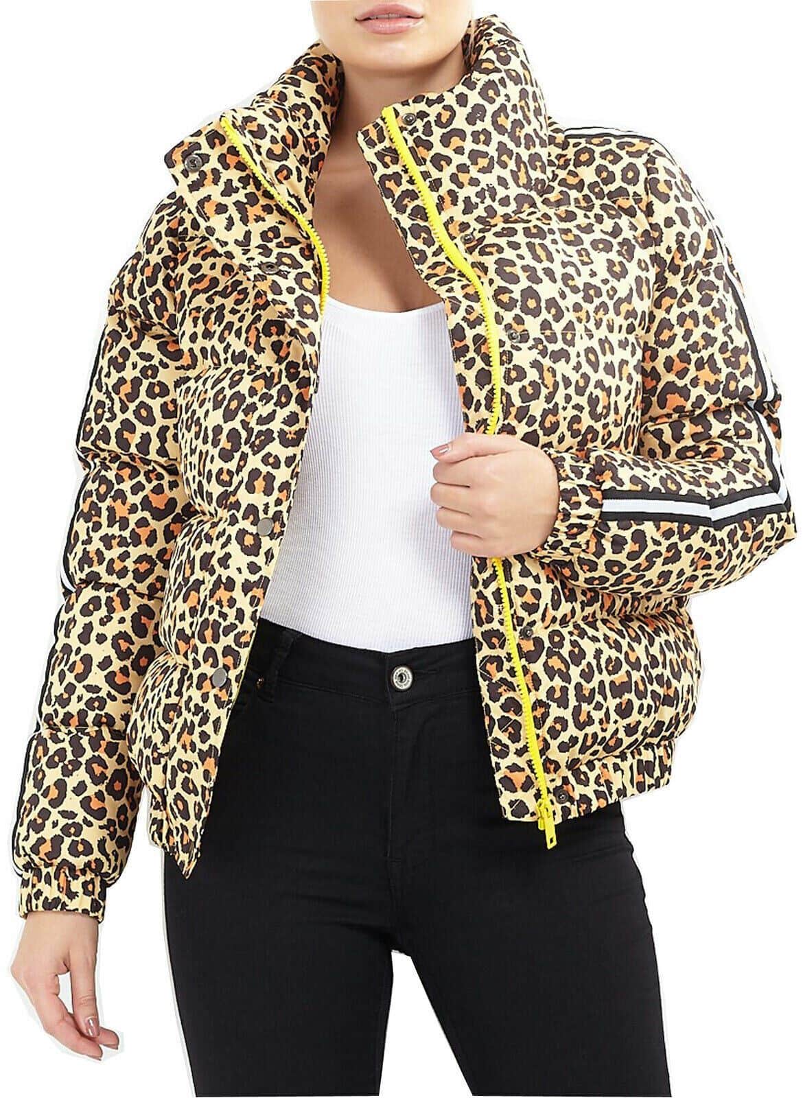 LASHRA - Plain Check Leopard Neon Funnel Neck Padded Puffer Jacket