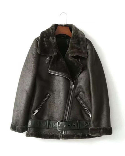 Lashra - Womens Shearling Faux Fur Collar Faux Leather Biker Aviator Jacket Coat