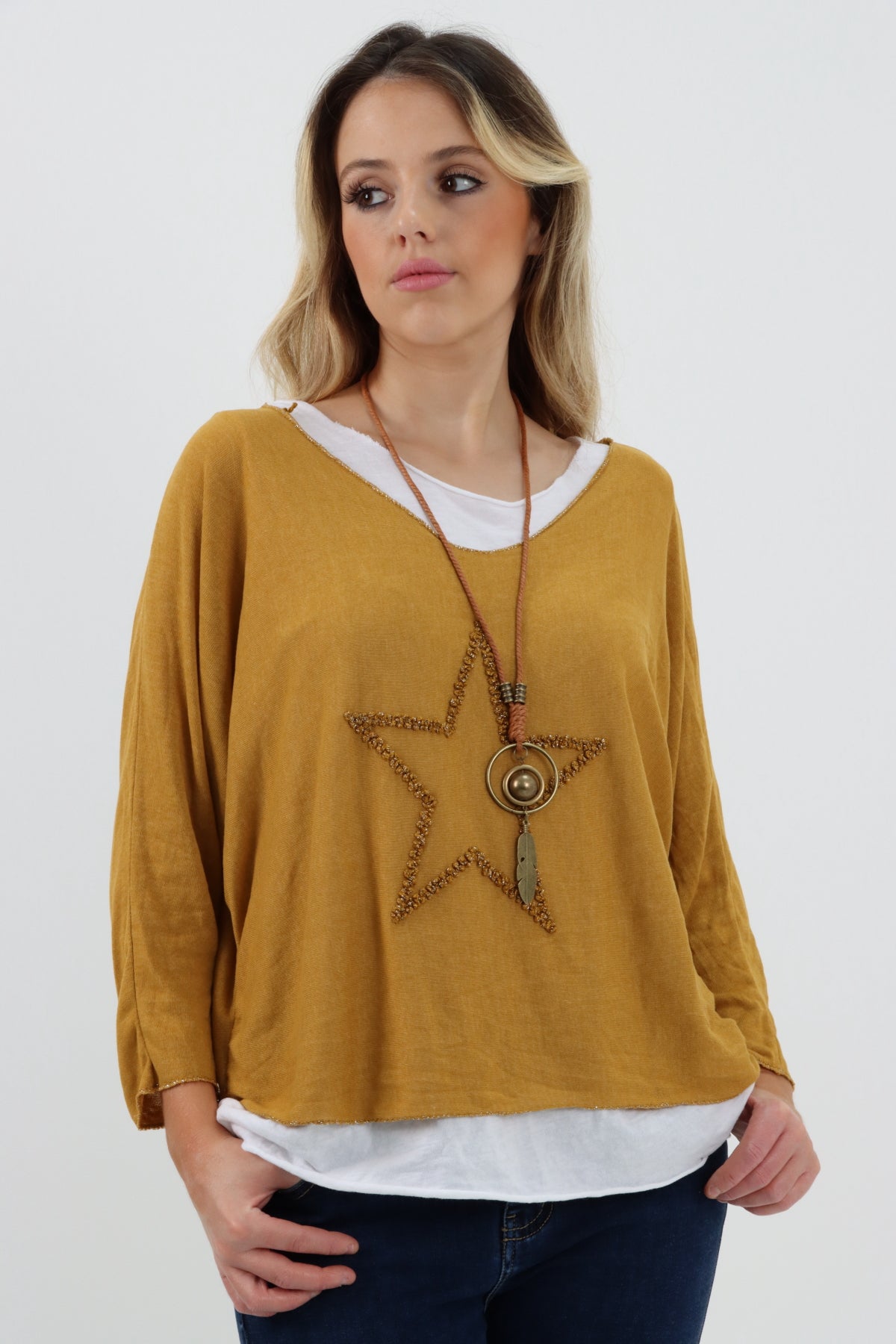 Made In Italy 2 in 1 Soft Knit Star Print Necklace Jumper Top