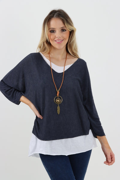Made In Italy 2 in 1 Soft Knit Plain Necklace Jumper Top