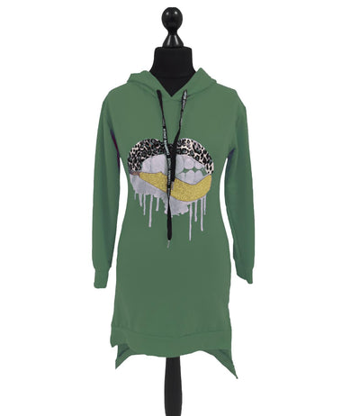 Made In Italy Lip Bite Print Dip Hem Jersey Cotton Hooded Top