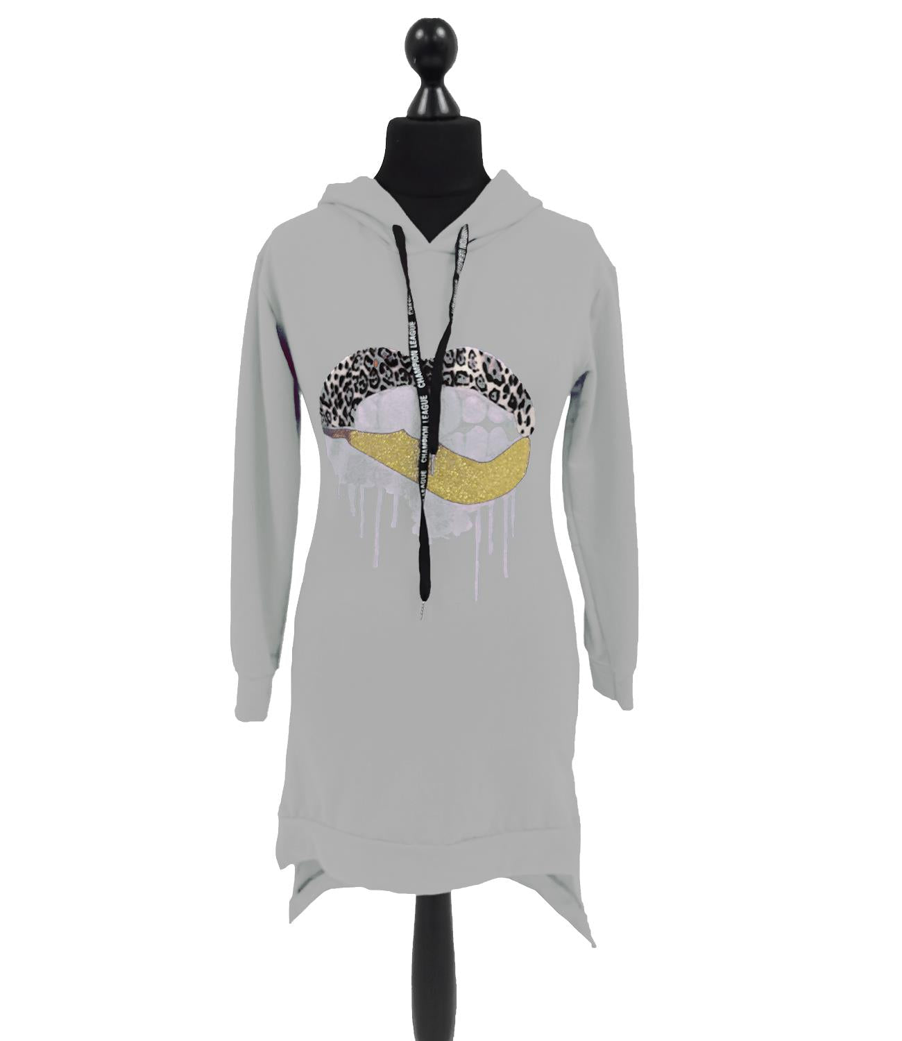 Made In Italy Lip Bite Print Dip Hem Jersey Cotton Hooded Top