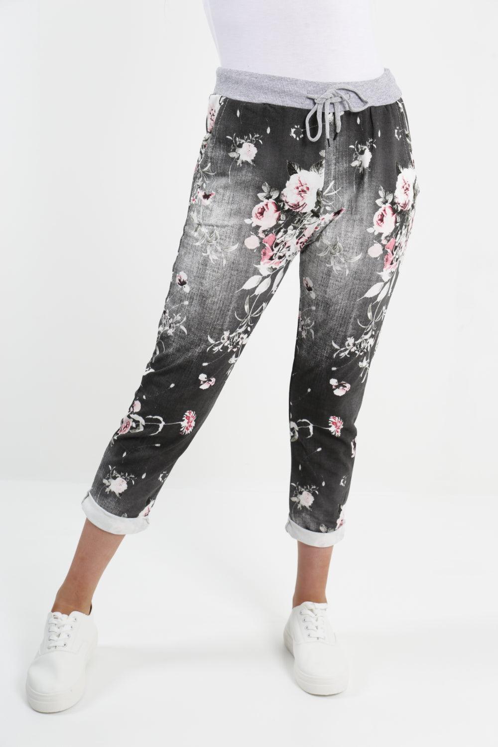 Made In Italy Leaf Floral Print Joggers - Lashra Fashion