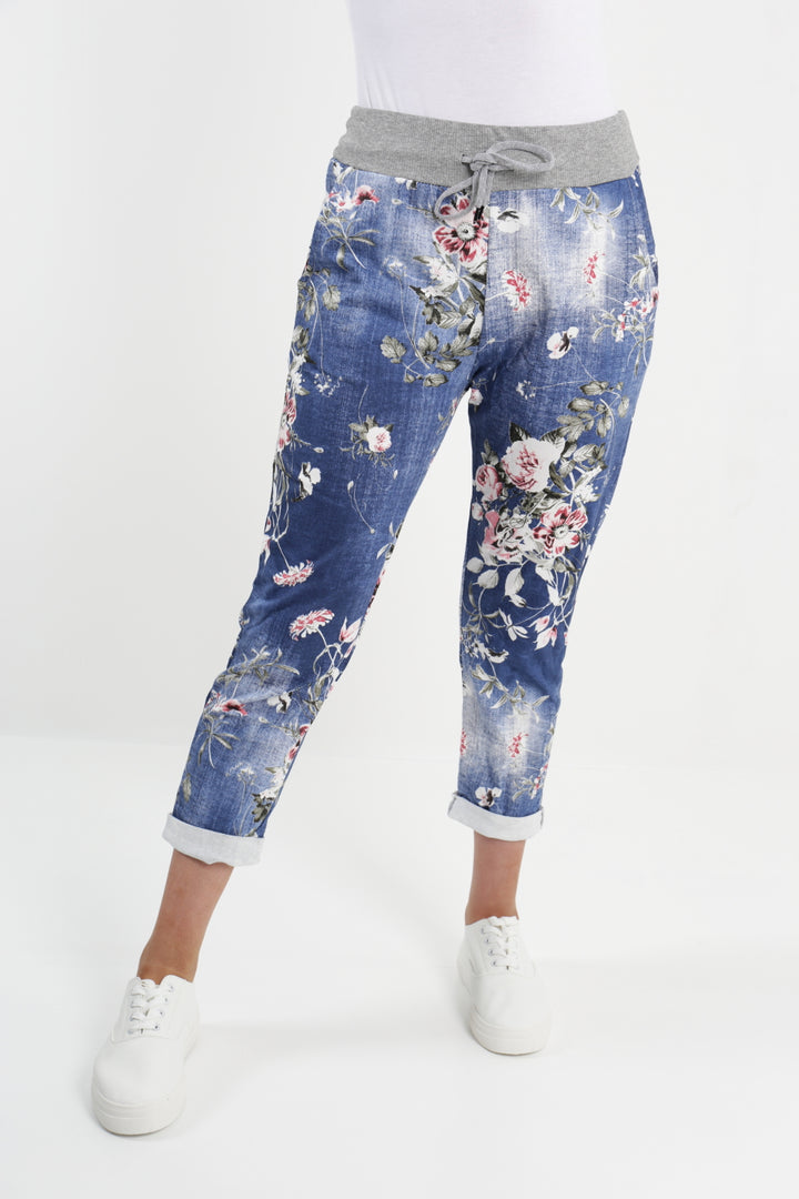 Made In Italy Leaf Floral Print Joggers - Lashra Fashion