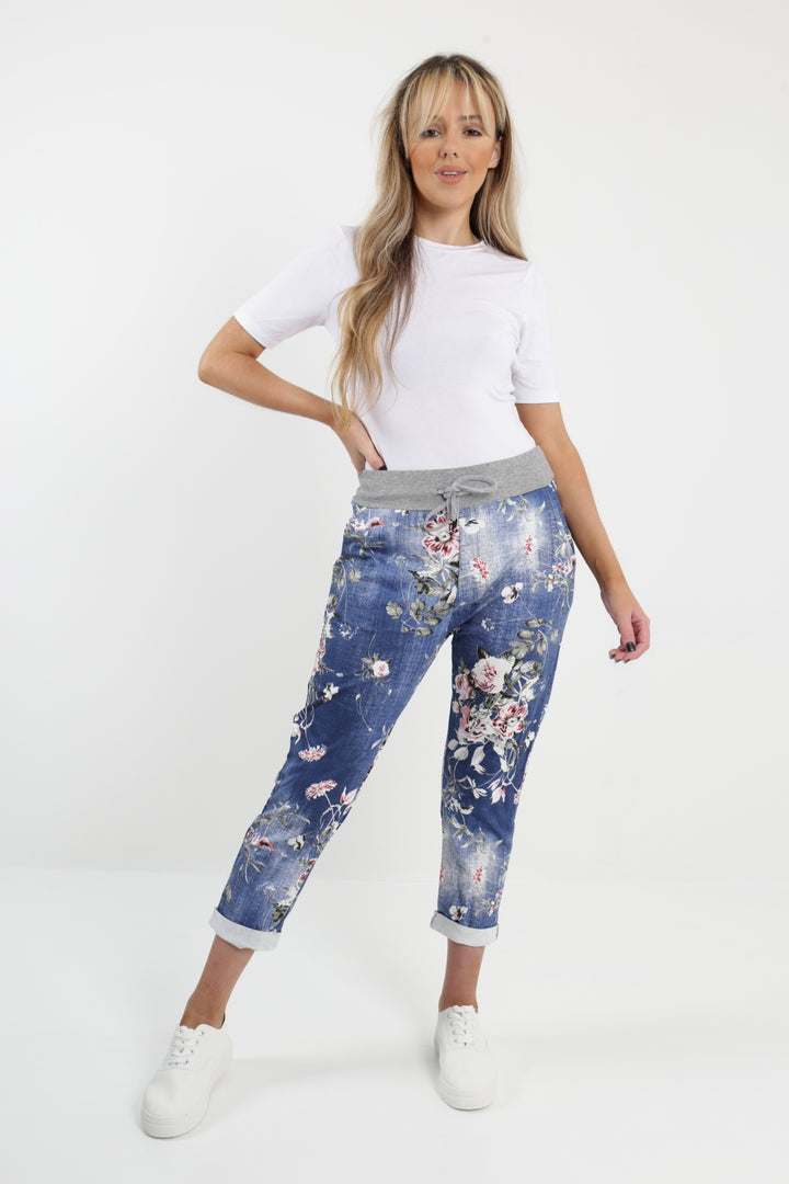 Made In Italy Leaf Floral Print Joggers - Lashra Fashion