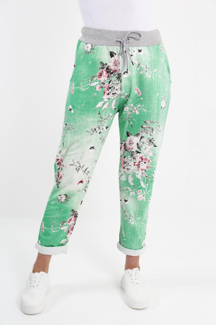 Made In Italy Leaf Floral Print Joggers - Lashra Fashion