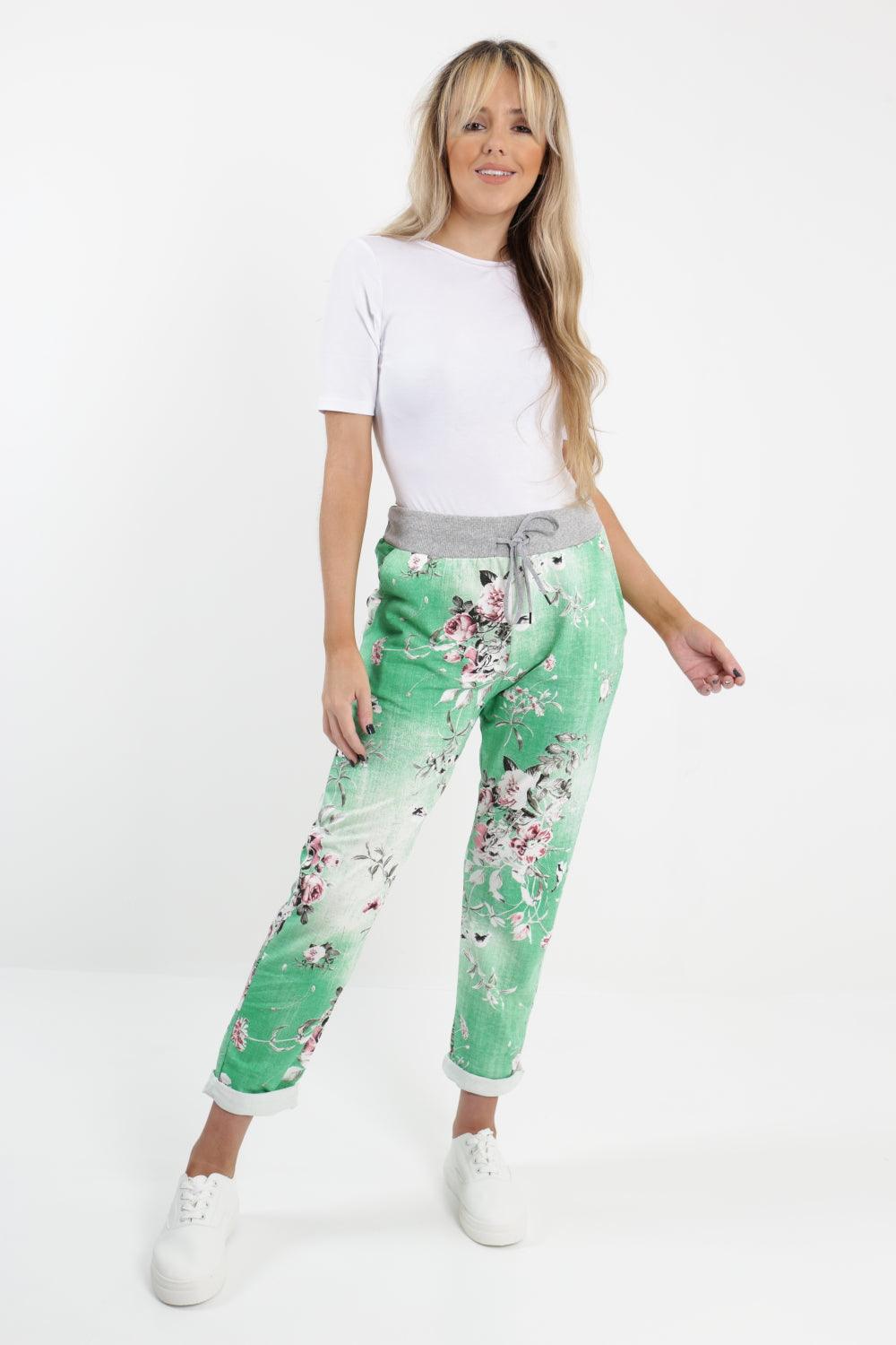 Made In Italy Leaf Floral Print Joggers - Lashra Fashion