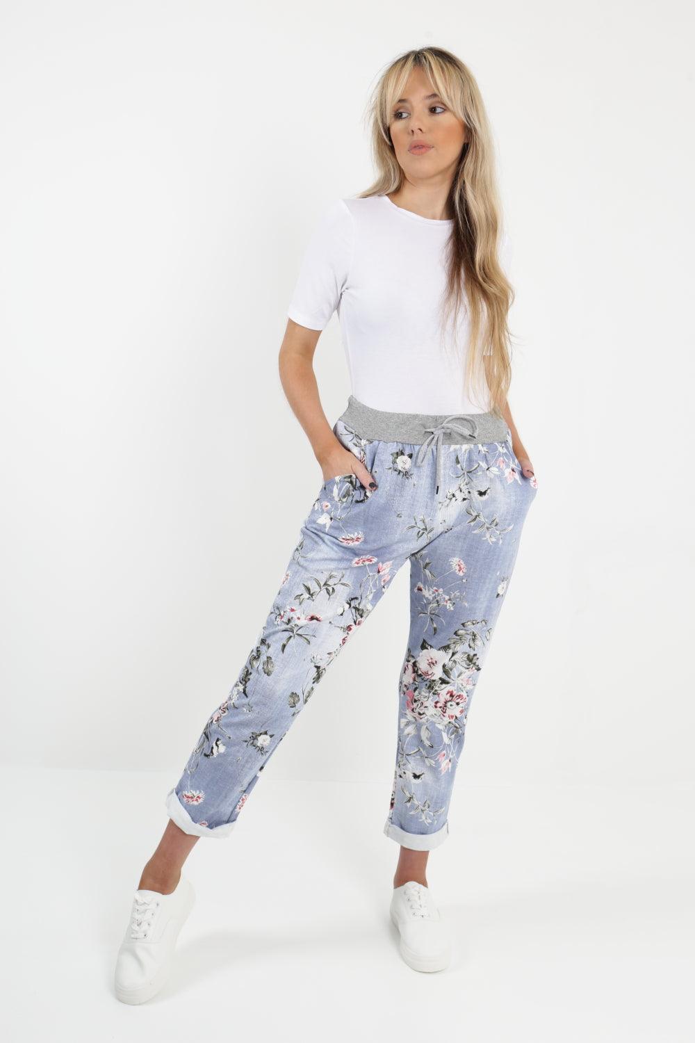 Made In Italy Leaf Floral Print Joggers - Lashra Fashion
