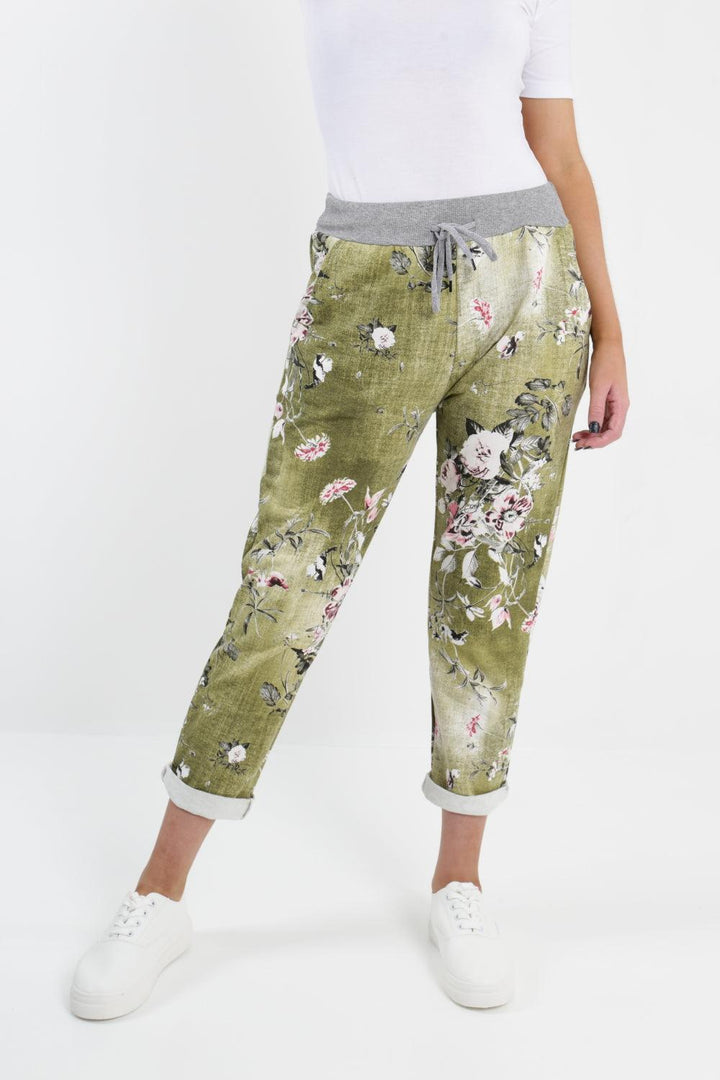 Made In Italy Leaf Floral Print Joggers - Lashra Fashion